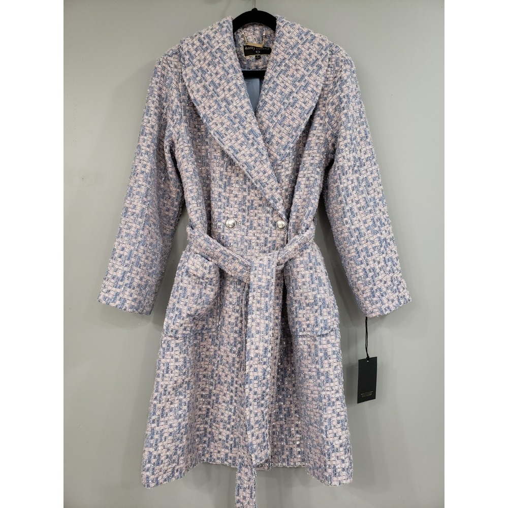 NEW STUNNING Kathy Ireland Metallic Plaid Belted Coat Size Large Tweed Peacoat